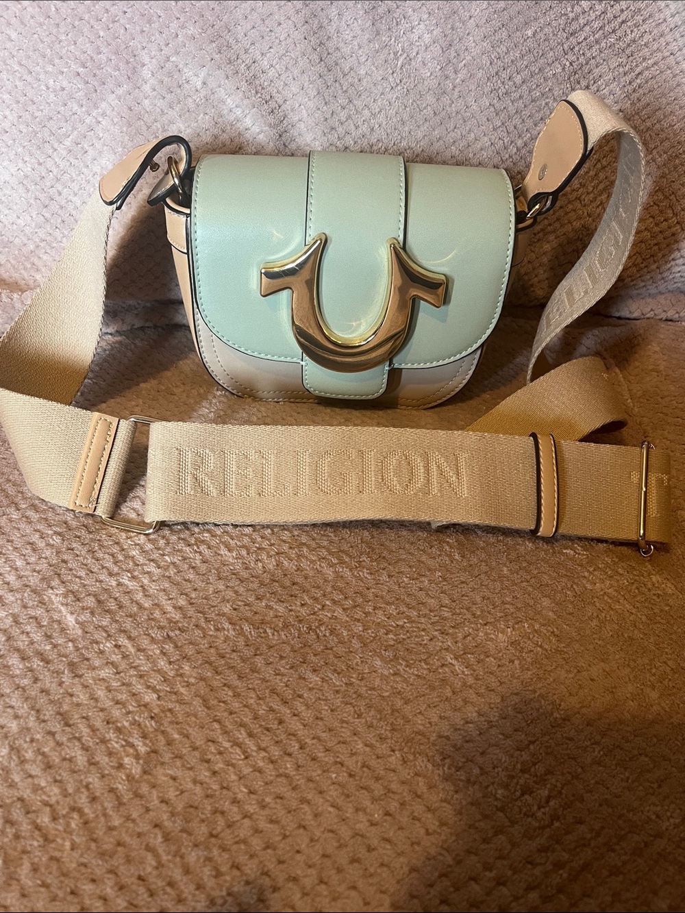 True Religion Mint Green Leather Crossbody with Beige Canvas Strap